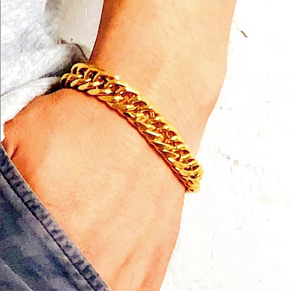 GOLD CHAIN BRACELET THICK CUBAN UNISEX 24K PLATED - Picture 6 of 6